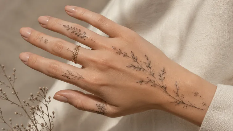 fine line botanical designs hand tattoo ideas