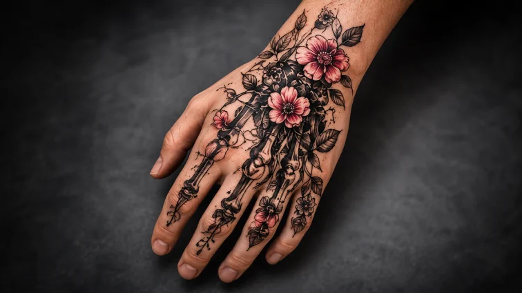 floral skeleton hand tattoo