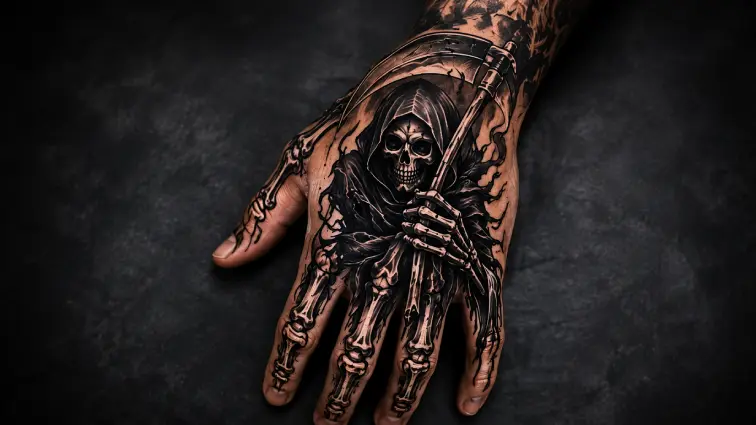 grim reaper skeleton hand tattoo